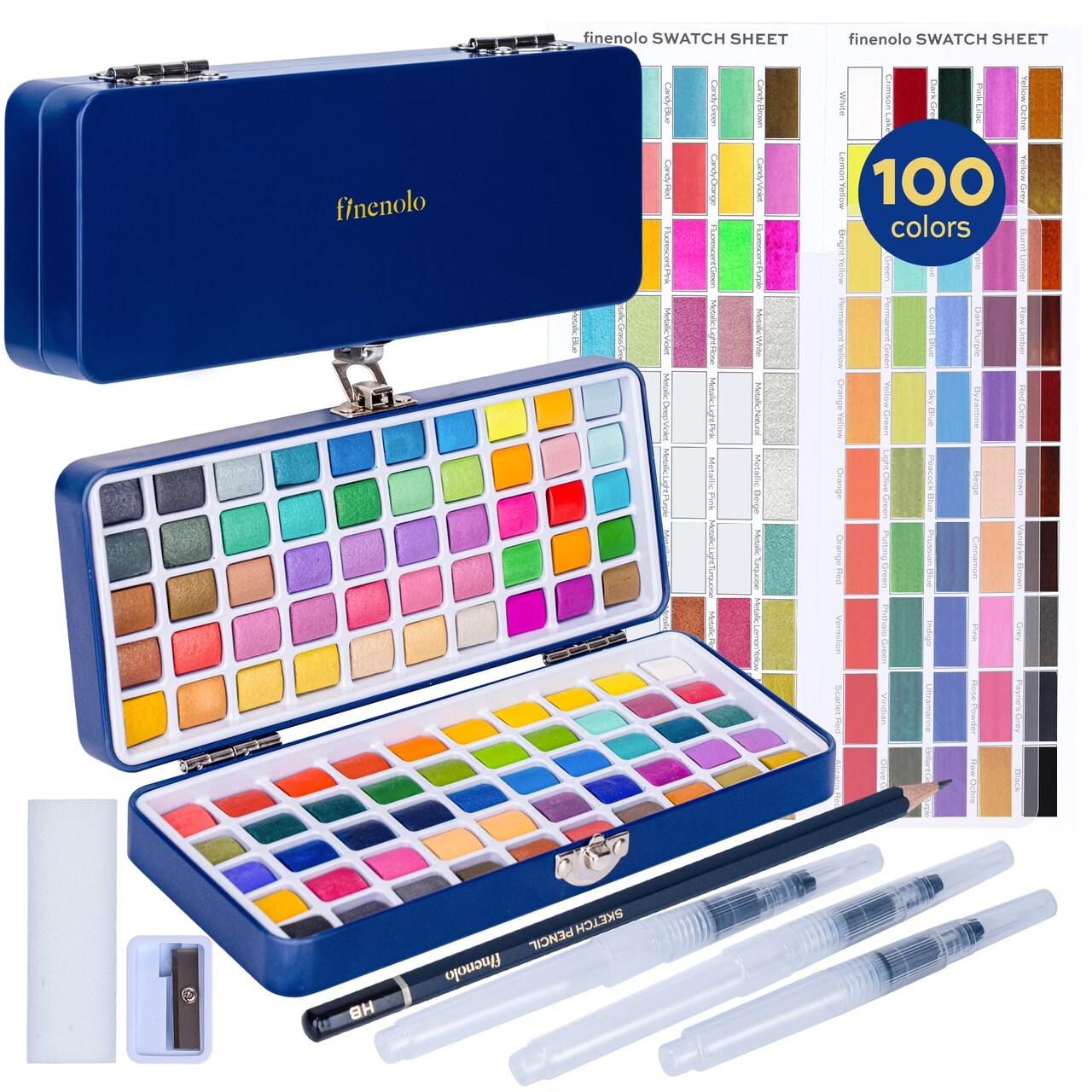Finenolo 100-Color Watercolor Paint Set – Metallic, Fluorescent & Pastel Colors, Complete Art Kit for Artists
